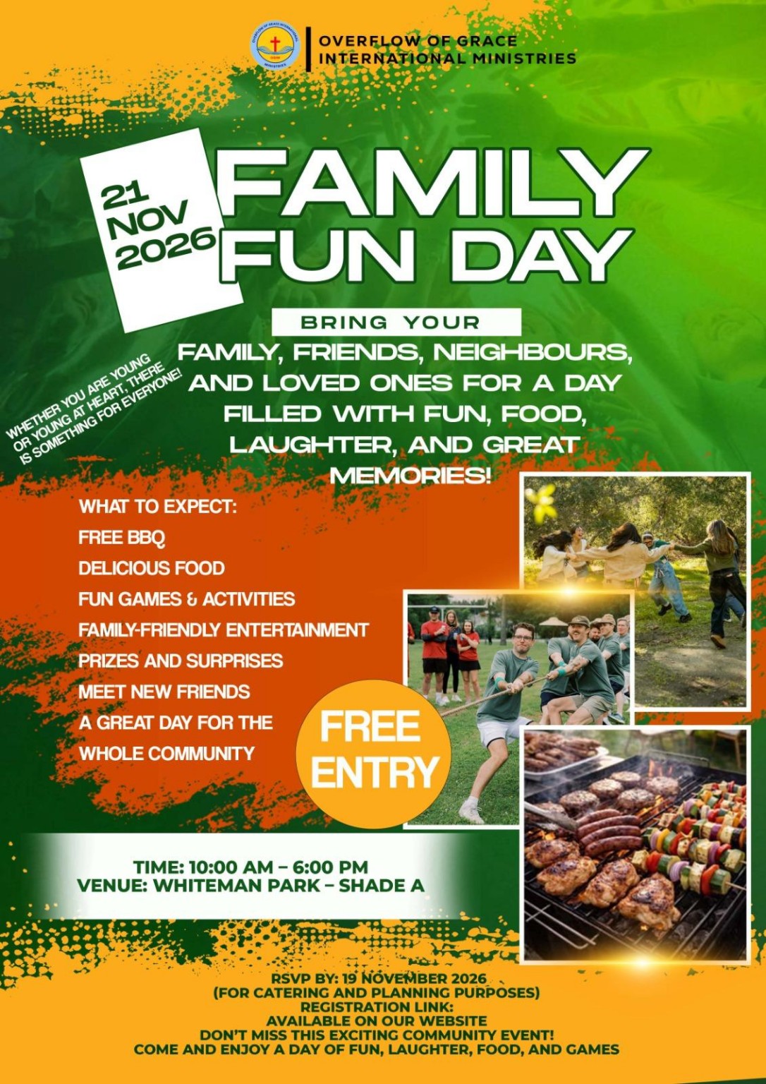 Overflow of Grace International Ministries Family Fun Day, 21 November 2026, 10 AM to 6 PM at Whiteman Park, Shade A. Free entry; RSVP by 19 November 2026.